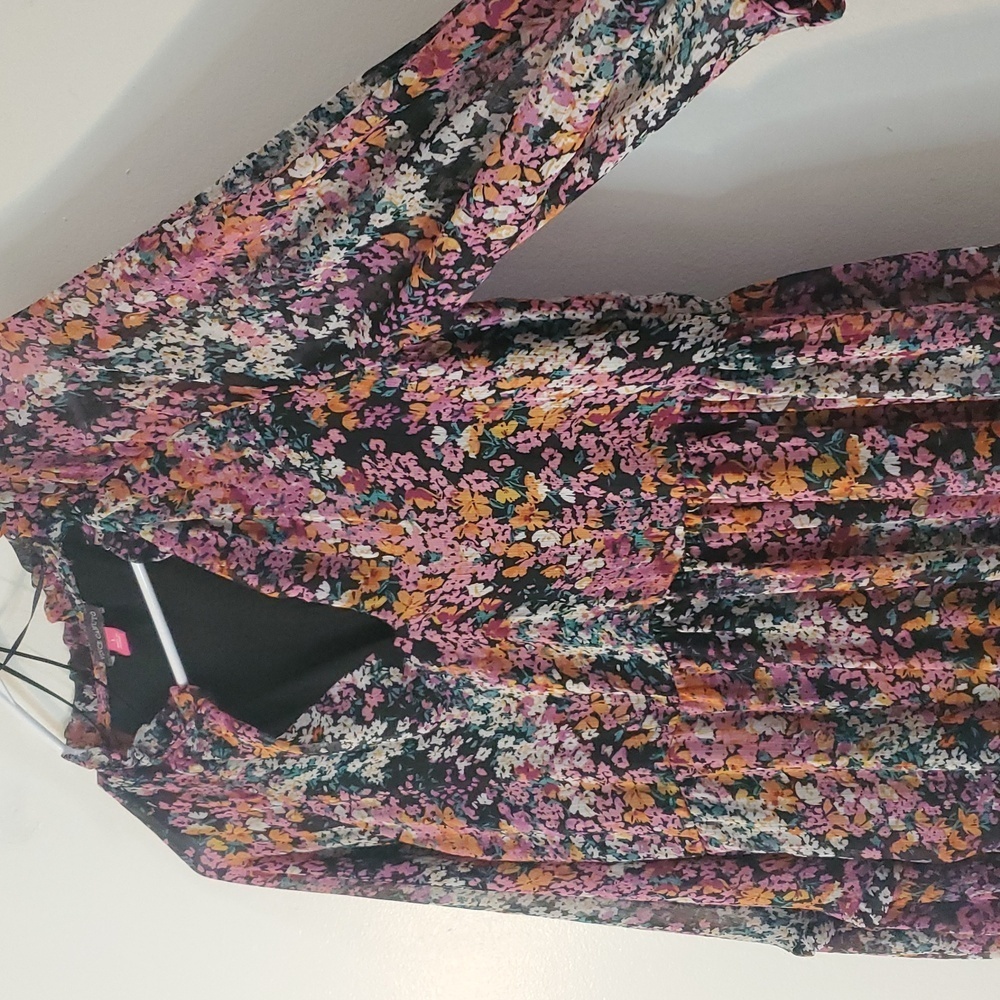 Vince Camuto Floral Babydoll Mini Dress Size Large Sheer Longsleeve Split V-Neck - Picture 3 of 13